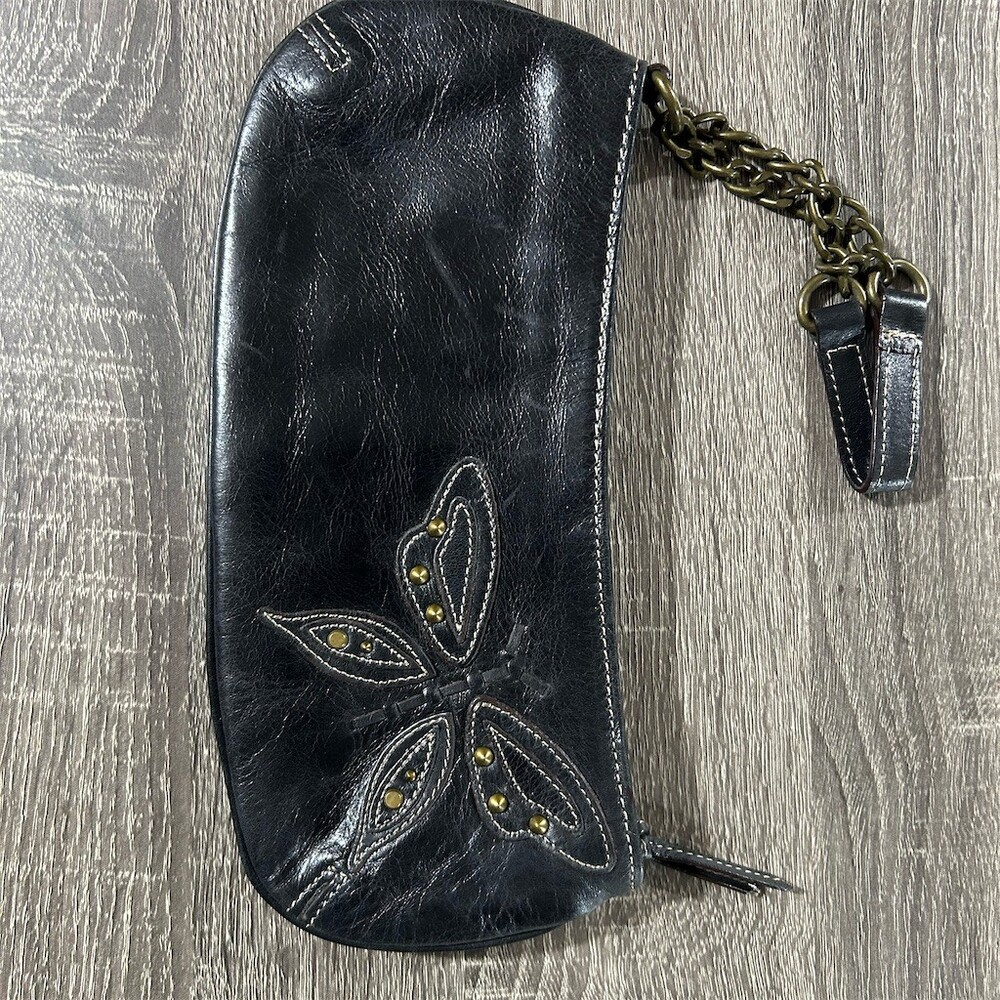 Fossil Womens Black Clutch Wristlet Purse Brass Chain Strap Floral Stud Zip Top
